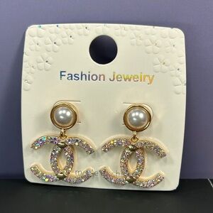 Gold Pearl & Iridescent Dangle Earrings